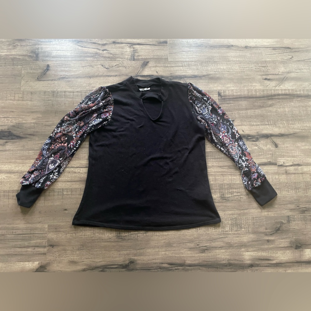 Maurices Black Keyhole Sweater Women’s Large Sheer Paisley Sleeve Boho Top